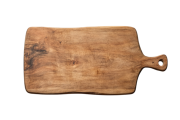 Wooden cutting board with a natural finish, isolated on a white background for culinary presentation.