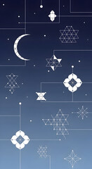 Geometric Shapes and Celestial Elements on a Gradated Blue Background