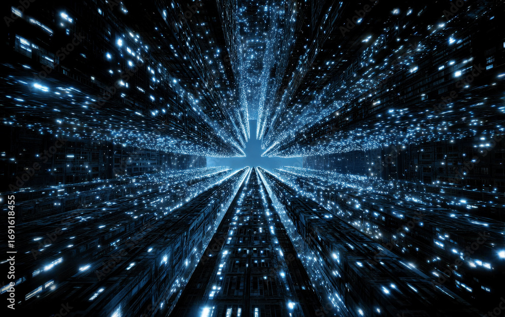 Poster abstract digital explosion with blue light rays and sparkling particles