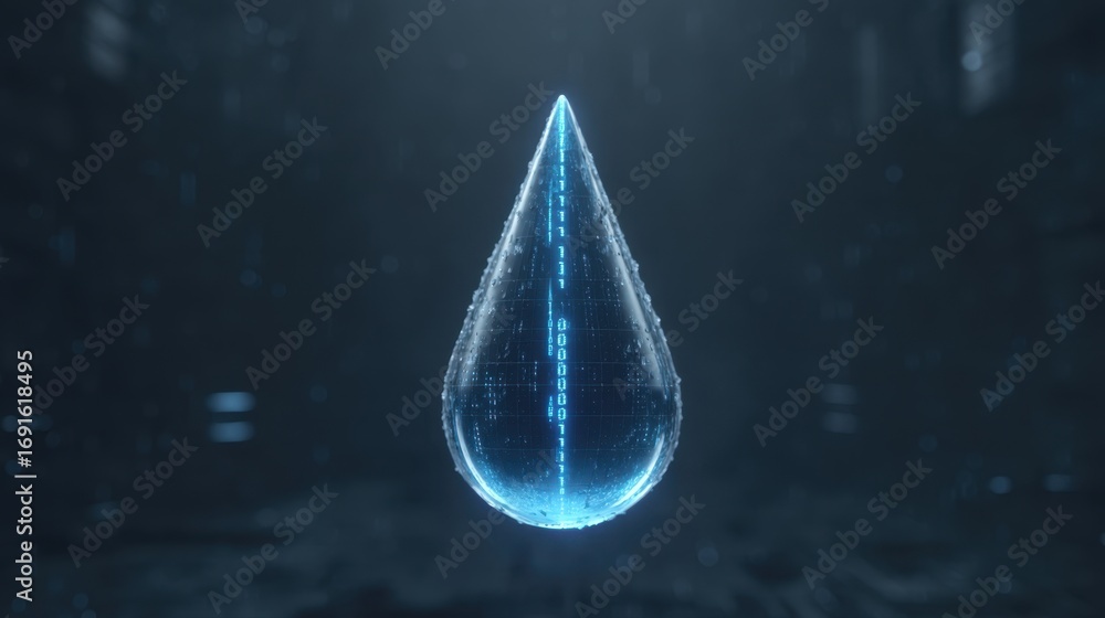 Poster futuristic digital water drop with binary code in a dark environment, representing technology, data,