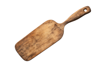 Wooden spatula on white isolate background for cooking or baking, highlighting rustic kitchen tools.