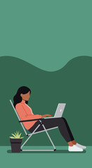 Woman working remotely on a laptop in a relaxed outdoor setting. Illustrates flexible work, freelance, digital nomad lifestyle, and modern productivity.