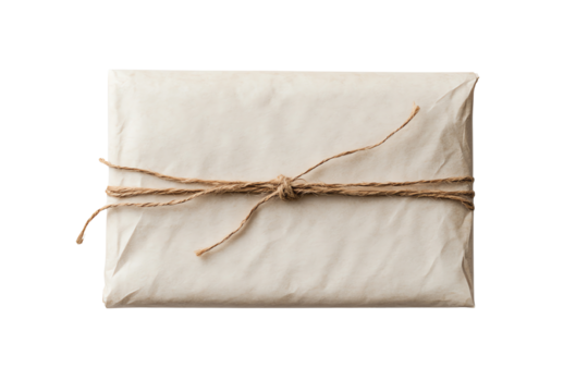 Wrapped gift parcel tied with twine on a white isolated background.