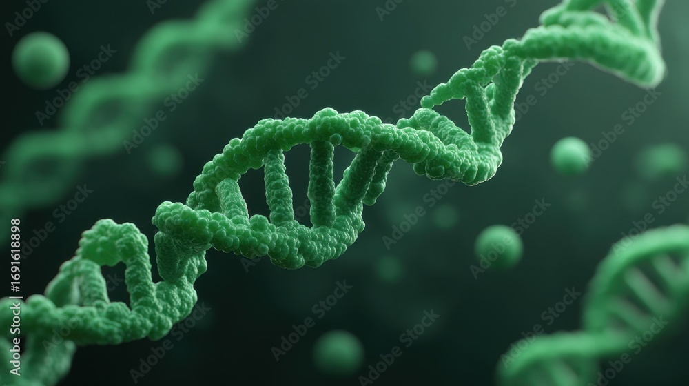 Poster close-up view of green dna helix under microscopic observation in abstract scientific background wit