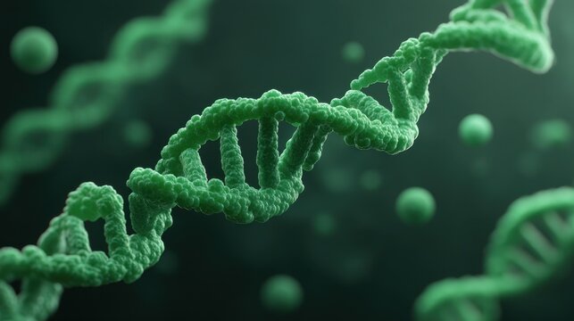 Close-up View of Green DNA Helix Under Microscopic Observation in Abstract Scientific Background with Soft Light and Floating Particles