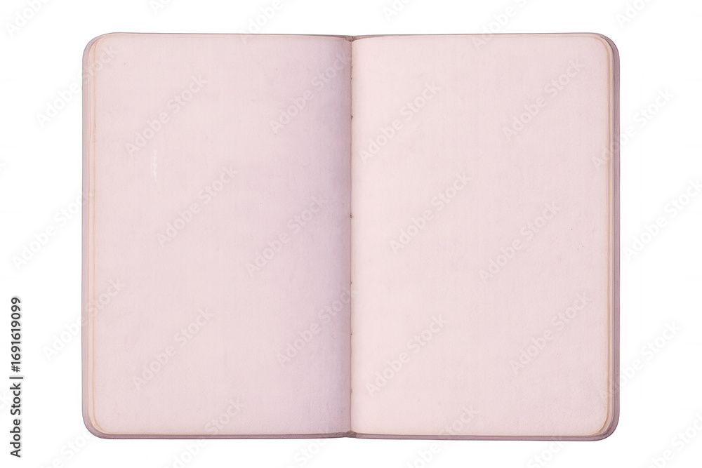 Poster open notebook featuring blank pages set against a transparent background, ideal for incorporating te
