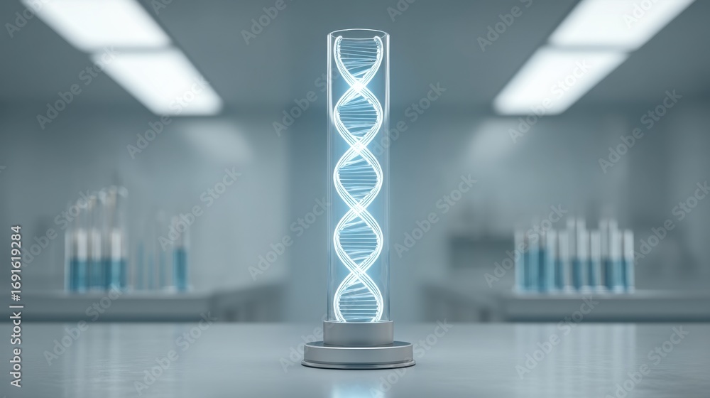 Poster futuristic laboratory display featuring illuminated dna helix model with abstract background in high