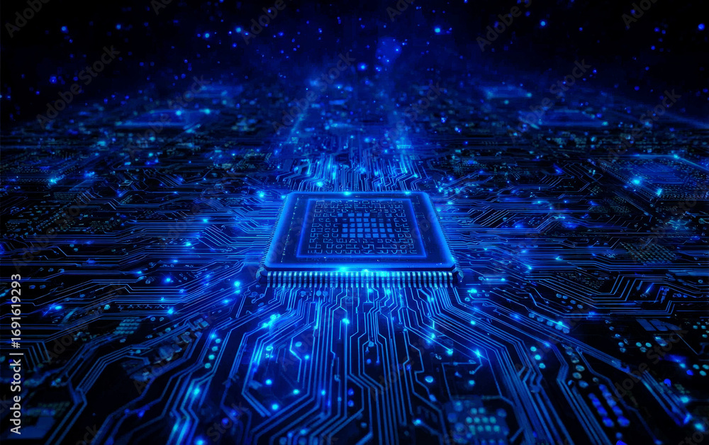 Poster high-tech circuit board with glowing blue components and intricate patterns