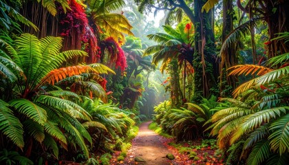 A vibrant pathway winds through a lush, colorful tropical forest, bathed in sunlight filtering through the dense canopy.