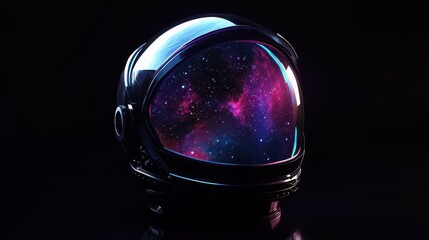 A reflective astronaut helmet showing a nebula galaxy inside the visor on a dark background space theme