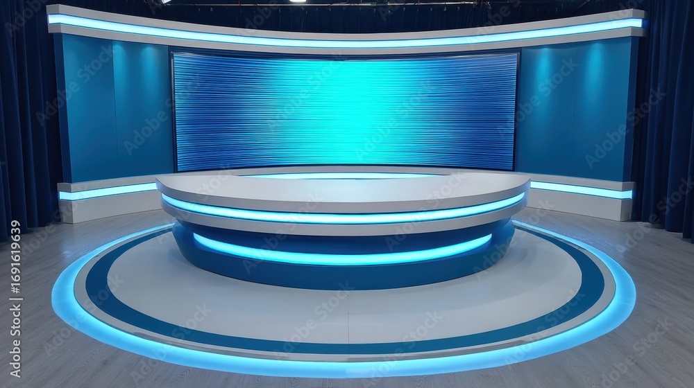 Poster modern television studio set with a blue color scheme and sleek design featuring a large circular po