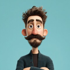 A quirky animated character stands with arms crossed, showcasing a prominent mustache and fluffy hair. The cheerful expression adds a playful touch, set against a vibrant blue background.