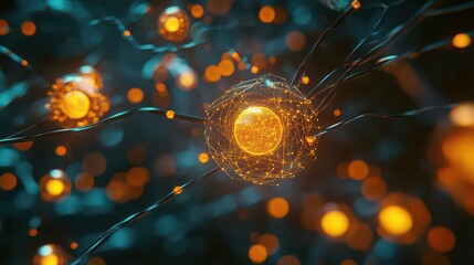 A glowing cryptocurrency coin encased in a wireframe sphere with blurred orange orbs background