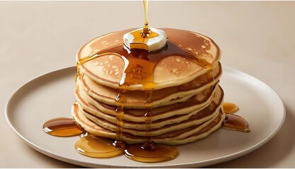 Fluffy Pancakes with Melting Butter and Syrup Drizzle on White Plate