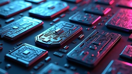 Tags with embossed microchips, circuit boards, metallic wires, and futuristic neon designs, arranged in a modern grid.

