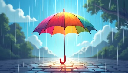 A single umbrella catching rainbow-colored rain under a clear sky, symbolizing hope and positivity in the ordinary.
