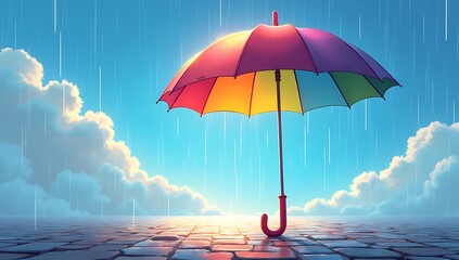 A single umbrella catching rainbow-colored rain under a clear sky, symbolizing hope and positivity in the ordinary.
