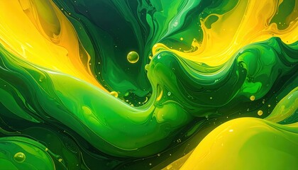 A vibrant abstract design showcases a dynamic interplay of flowing green and yellow paint, creating a captivating visual spectacle with smooth curves and subtle texture.
