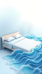A modern bed where the mattress transforms into rolling ocean waves, symbolizing dreams flowing like water.
