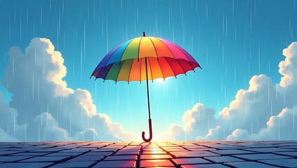 A single umbrella catching rainbow-colored rain under a clear sky, symbolizing hope and positivity in the ordinary.
