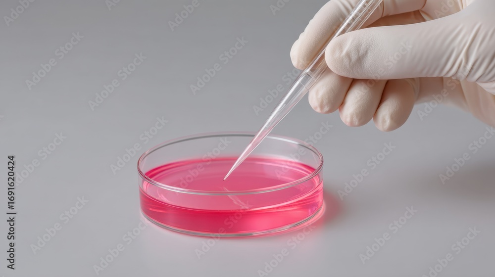 Poster close-up view of a hand in a glove using a pipette to transfer liquid in a laboratory petri dish wit