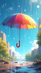 A single umbrella catching rainbow-colored rain under a clear sky, symbolizing hope and positivity in the ordinary.
