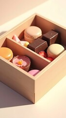 A minimalist wooden box divided into sections, each filled with different desserts like macarons, chocolate cubes, and fruit slices, arranged with geometric precision.
