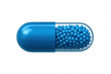 Blue medical capsule containing small blue spheres on a transparent background, ideal for pharmaceutical and healthcare concepts