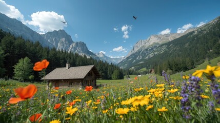 A rustic wooden chalet nestled in a vibrant meadow, surrounded by towering mountains on a sunny day.