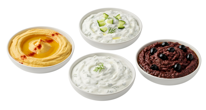 Assorted dips hummus tzatziki olive tapenade appetizer mediterranean cuisine greek yogurt dip platter food on transparent background