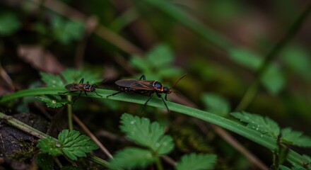 Fototapeta premium Close-up view of two insects crawling on green leaves in a forest setting