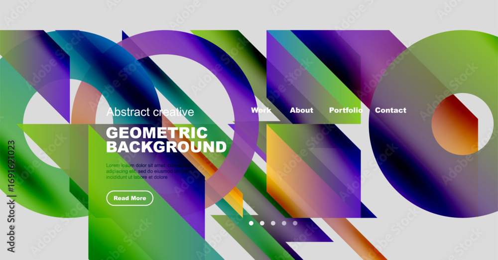 Poster vibrant abstract website header. colorful geometric shapes, text overlay, navigation menu present. m