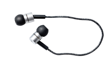 Flat lay of compact in-ear headphones with cable, background isolated on a Transparent background, PNG file.
