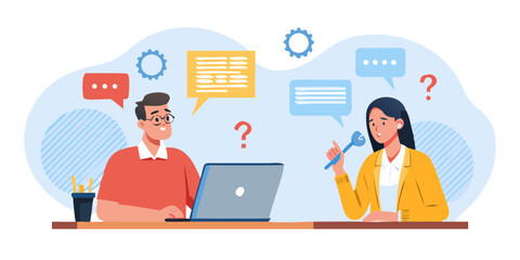 Two people collaborating and communicating with question marks and speech bubbles above their heads