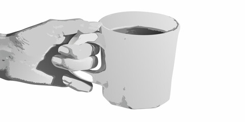 Close up of a hand holding a mug of coffee against a white background