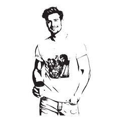 Handsome Man Black and White Illustration Vector Image Male Portrait Fashion Sketch Line Art Design	