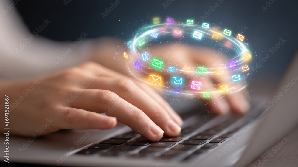 Poster a professional working on a laptop with colorful email icons surrounding the screen, representing di
