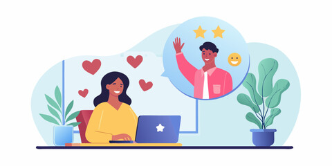 Happy woman receiving positive feedback and appreciation online through video call and messages