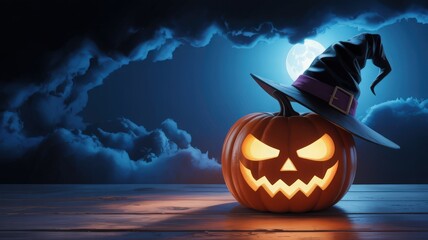 Halloween Pumpkin with Witch Hat and Moonlit Clouds