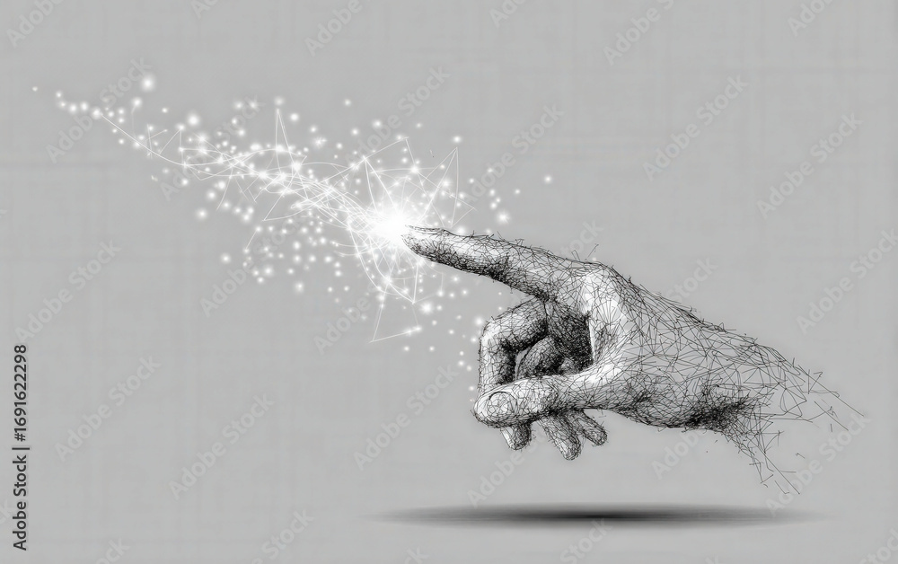 Poster digital hand with glowing particles representing technology interaction