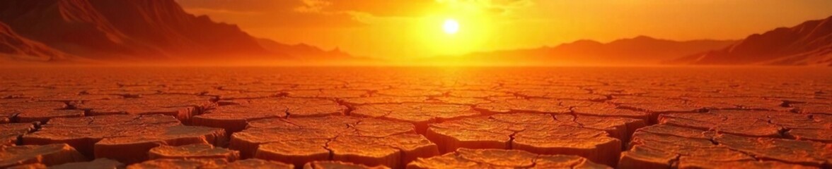 Intense summer heat radiating from sun-baked earth, creating shimmering waves of heat haze above dry, cracked ground Perfect for climate change, drought, or desert themes , barren, intense, dryness