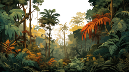 Tall jungle trees palms and underbrush rich green tropical forest vegetation isolated on white background