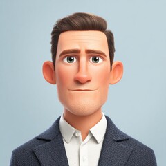 An animated character stands against a light blue background, wearing a dark suit and white shirt. The character has a neutral expression, showcasing stylized facial features and detailed hair.