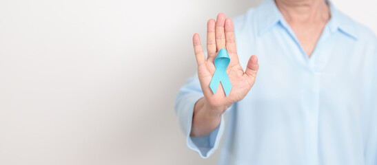 Elderly with blue Ribbon for Prostate Cancer Awareness month, April Child Abuse Prevention, National Bullying, September Addiction Recovery, May Chronic Fatigue Syndrome and January Human Trafficking