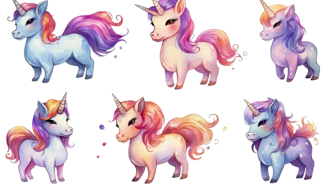Cute unicorns magical fantasy horses with colorful mane illustration isolated on white background