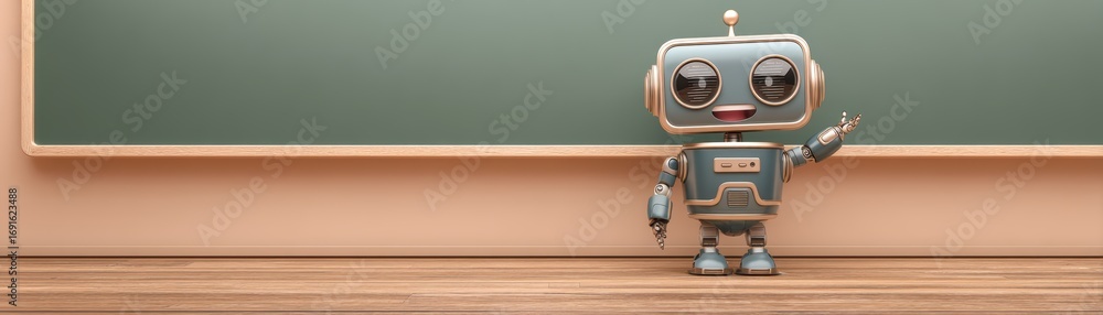 Poster a cheerful robot stands beside a chalkboard, appearing ready to teach, with a friendly expression an