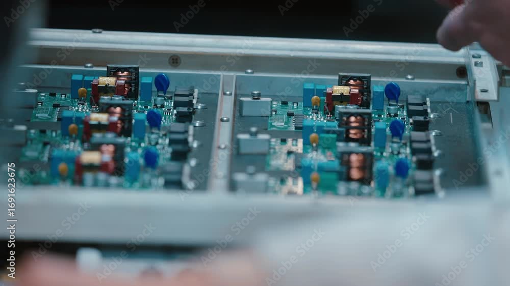 Poster hands assembling circuit boards in slow motion, tech focus