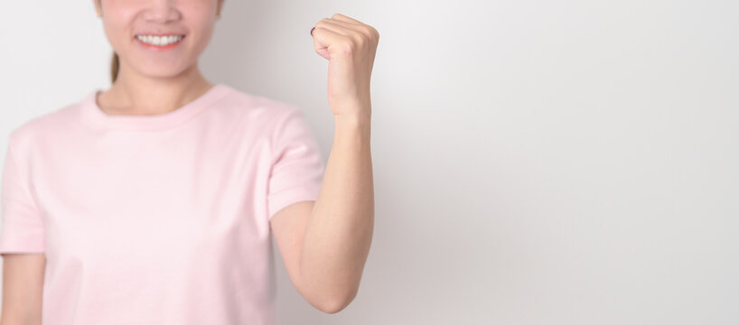 Adult woman with pink Shirt for Pink October Breast Cancer Awareness month, May Women Health, women rights, Empowerment, March International Women day, February Valentine, May International Mother - Powered by Adobe