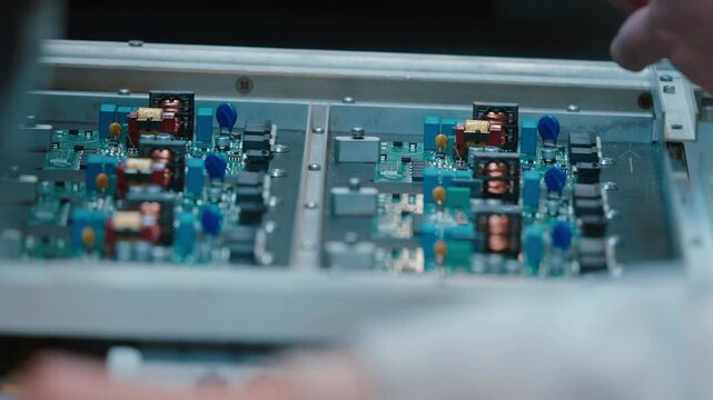 Hands assembling circuit boards in slow motion, tech focus