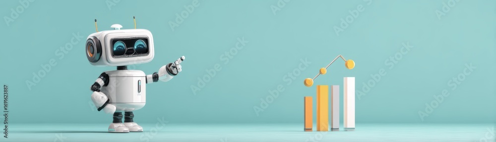 Poster a friendly robot points at a rising bar graph, symbolizing data analysis and technology in a modern,